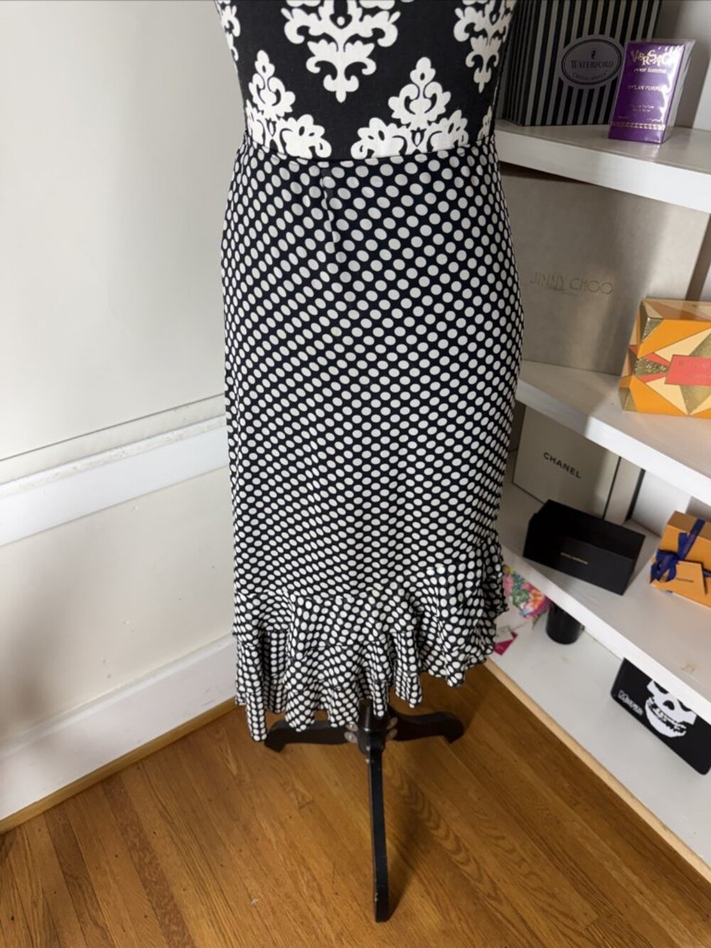NYGARD COLLECTION SKIRRT BLACK WHITE POLKA DOT 100% SILK SIZE 16